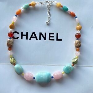 Jay K Sterling 925 Silver Chunky Multi Gemstone Necklace, Rose Quartz,Aquamarine